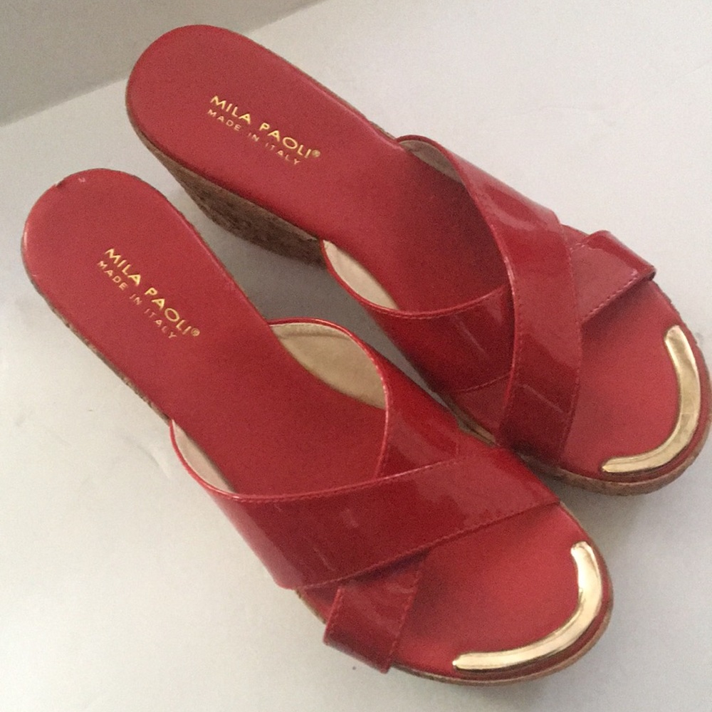 Mila Paoli Made in Italy Red Faux Leather Wedge Sandals